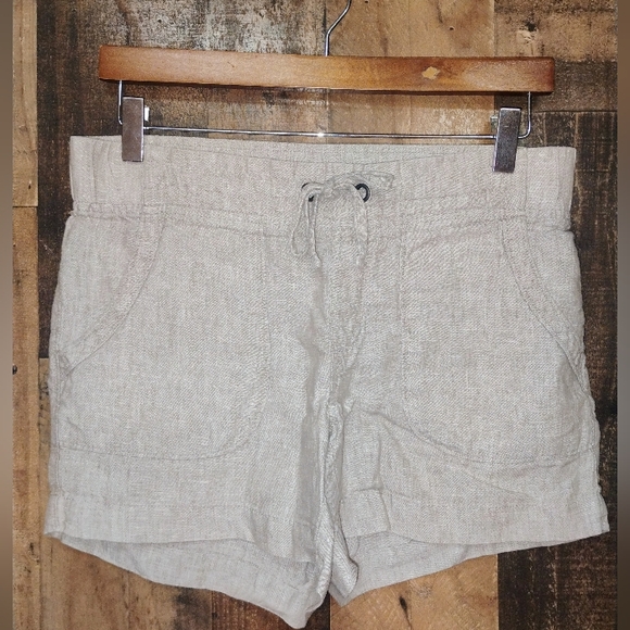Athleta 100% Linen Elastic Waist Women's Tan Gray Drawstring Shorts Size 6 - Picture 1 of 5